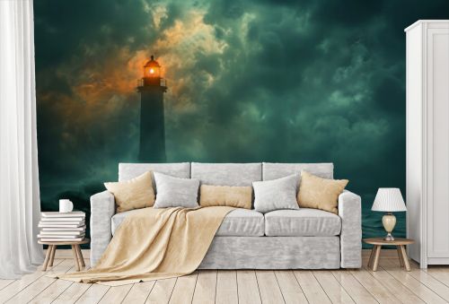 A lighthouse stands resilient amidst tumultuous sea waves under a dramatic stormy sky with its beacon of light piercing through the darkness.