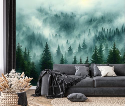 Wild natural landscape with mountains, coniferous forest with copy space. Created with Ai