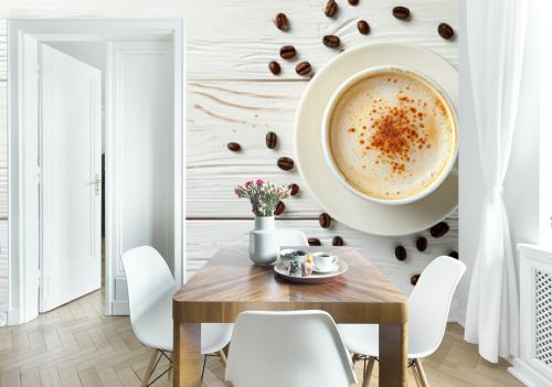 Immerse yourself in the creamy allure of a cappuccino against a white wooden surface, adorned with captivating latte art, inviting you to savor its deliciousness. AI generative.