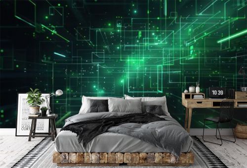 A futuristic 3d illustration of a cyberspace with flying green digital cubes and lines