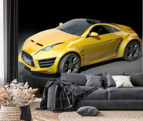 Yellow sports car on a black background