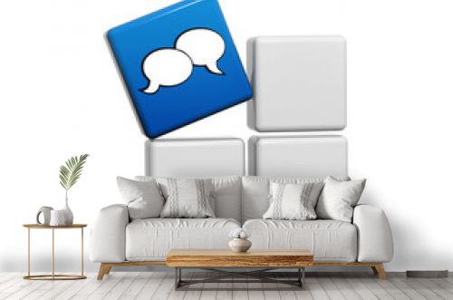speech bubbles sign in blue cube over grey boxes