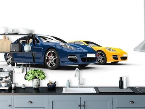 Modern fast cars - blue and yellow, side angle view