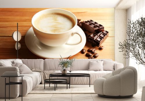 Cup of coffee latte art with grain and chocolate on wooden background