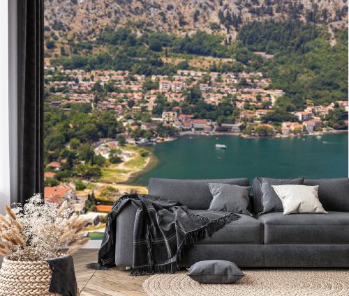 Landscape view on Boka Kotor Bay, old town and mountains in Montenegro