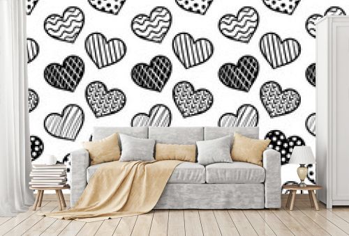 Vector seamlless pattern with hearts. Monochrome background. Romantic and sweet illustration.