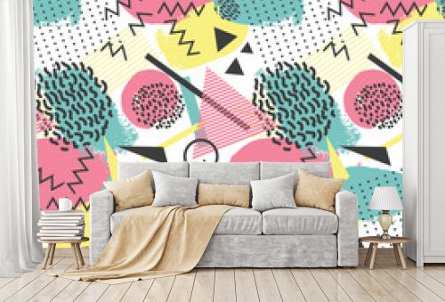 Seamless pattern in memphis style with geometric design elements