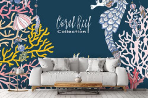 Coral reef collection. Underwater world. corals and fish.