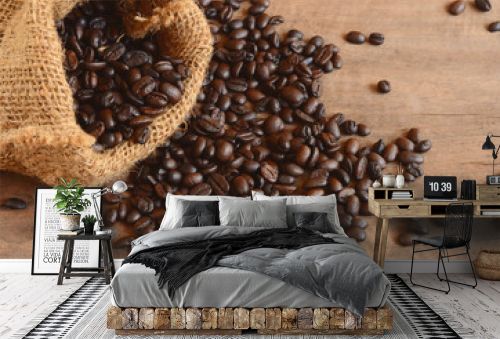  coffee bean in bag sack on wood background