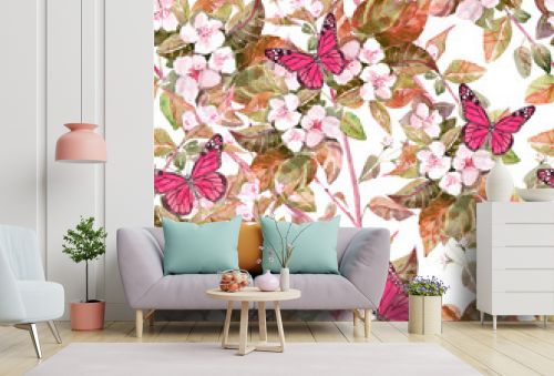 stylish seamless texture with apples blossom and butterflies. watercolor painting