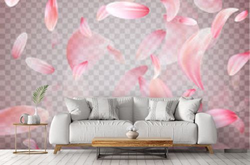 Pink sakura falling petals vector background. Wedding, Valentine or Women day pink floral blossoms flying in wind whirl backdrop. Petals falling on vector transparent background. Vecto 10 EPS