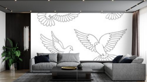 Set of white doves in contours - vector illustration