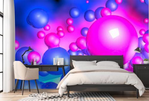 red and blue three-dimensional spheres. neon glow. abstract background. 3D rendering