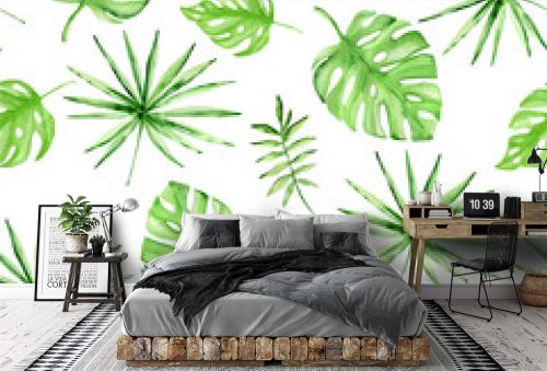 Seamless pattern with green palm leaves