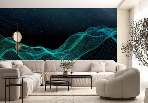 Abstract landscape on a dark background. Star horizon. Cyberspace grid. Hi-tech network. Outer space. Starry outer space texture. 3D illustration