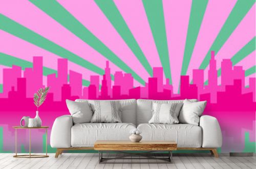 Green and pink city skyline silhouette