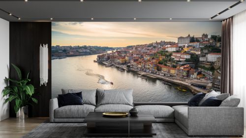 Sunset panoramic view of Porto waterfront, Portugal