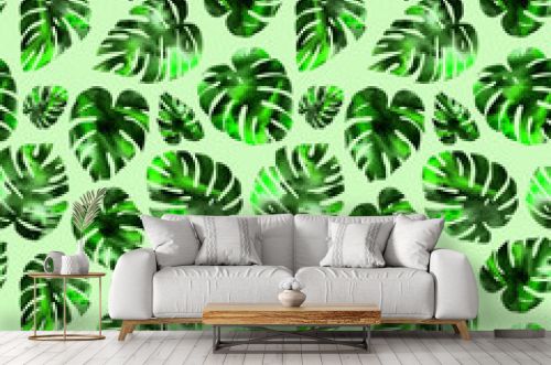 Watercolor hand-drawn tropical monstera leaves seamless pattern