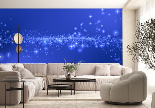 Blue background, digital signature with particles, sparkling waves, curtains and areas with deep depths The particles are white stars.