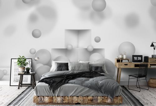 3D illustration of many white spheres of different sizes flying in the space of the room, scattered on . The idea of disorder and chaos. A cloud of geometric elements. 3D rendering