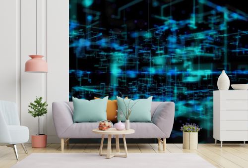 3D illustration, 3D rendering, abstract geometric background, Blue Line and Bokeh technology, architectural design chart, Big Data connection