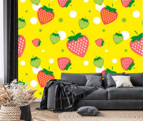 Beautiful seamless background with red and green strawberries on a yellow background. Vector illustration