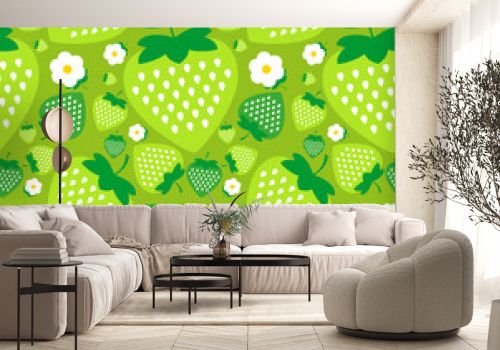 Seamless pattern with Green strawberries with white flowers on a green background. Vector illustration