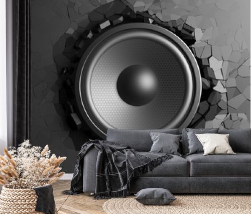 Black wall breaks from sound with speaker. 3d illustration