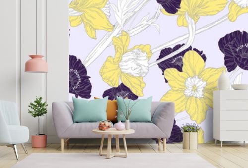 Floral seamless pattern, daffodil, daffodil and poppy flowers in yellow and purple line art ink drawing on light grey