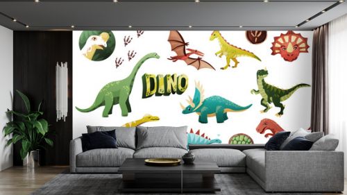 A large set of several dinosaurs, dinosaur footprints, the word DINO, drawn in one style, color, for the decoration of textiles, children's books. On a white background, isolated. Cute fossil animals 