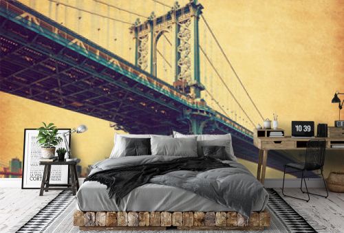The Manhattan Bridge, New York City, United States. In the background Manhattan and Brooklyn Bridge. Photo in retro style. Added paper texture.