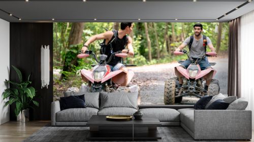 Atv riders speed race to journey through the jungle with Off-road atv car.
