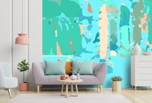 abstract modern art background with shapes and sky blue, wheat and light sea green colors