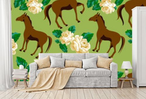 Floral seamless pattern with horse and pretty roses. Horse vector print pattern. Animal cute romantic pattern design