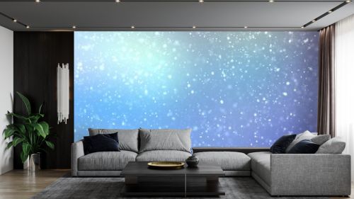3d studio fantastic winter holiday decoration. Blue gleaming wall and floor blurred texture. Snow on iridescent flare background. Fairy tale room abstract graphic.