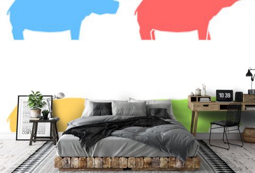 Set of multi-colored hippos in different poses, vector illustration