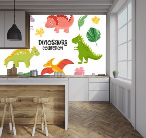 Set of cute dinosaurs isolated on white background. Kids illustration. Funny cartoon Dino collection. Tropical leaves, dino eggs, rainbow.