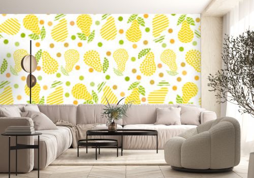 Trendy seamless pattern with yellow pears for decorative design. Abstract pears for cover design. Vector illustration. Tropical nature seamless pattern. Cute tropical background.