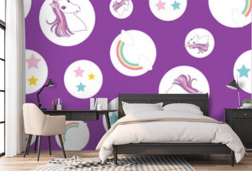 seamless pattern Unicorn, rainbow and stars on circles, purple background