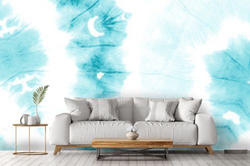 Breeze Color Abstract Watercolor. Batik Brush Banner. Turquoise Aquarelle Background. Watercolor Painting. Minty Green Tie Dye Grunge Design. Ocean Blue Bleach Dyeing. On White Background 