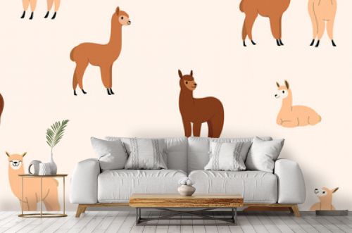 Seamless trendy pattern with style cartoon alpaca in various poses. Flat design print in beige and brown color.