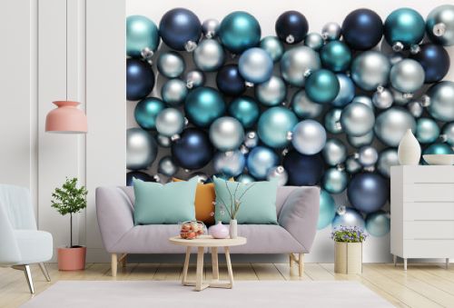 Christmas decorations, top view of pile of glass balls colored in blue, isolated on white, useful as a greeting gift card background 