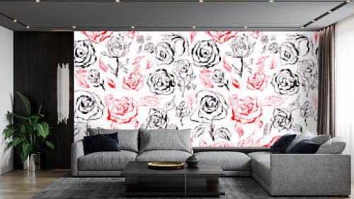 Black and red roses seamless pattern on white background.