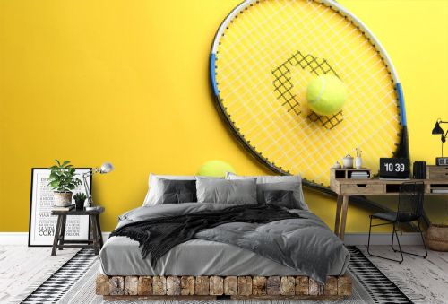 Tennis racket and balls on yellow background, flat lay. Space for text