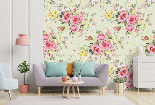 Abstract seamless floral pattern painted flowers and herbs. Beautiful print for your decor and textile design. Sketching with paints on paper delicate light flying flowers.
