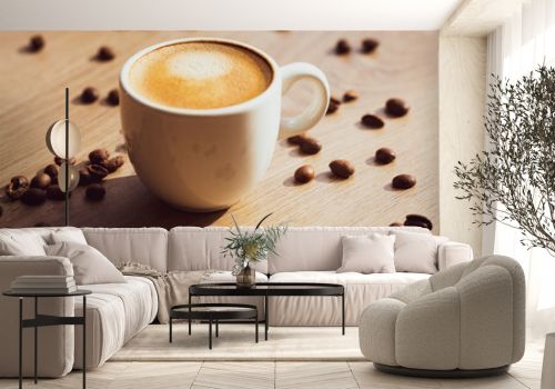 illustration tasse de café avec grains de café support bois